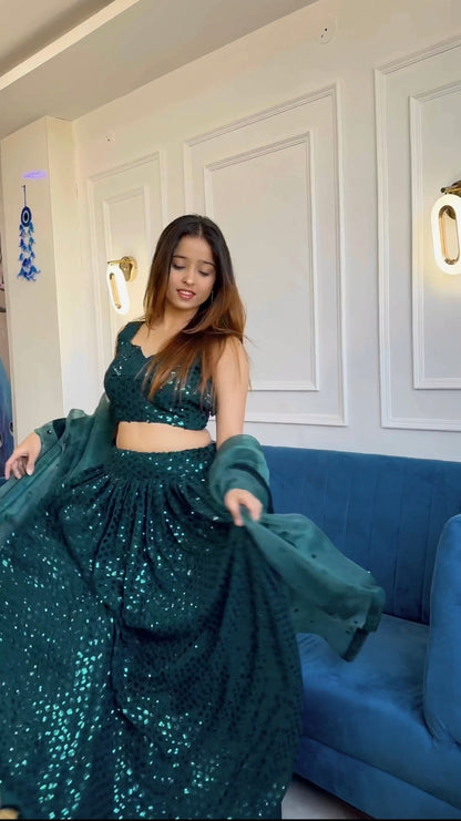 Luxurious Green Georgette Lehenga Set – Party Wear