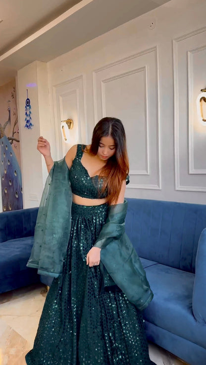 Luxurious Green Georgette Lehenga Set – Party Wear