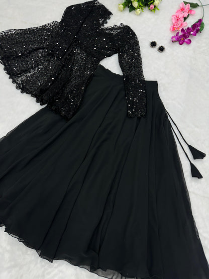 Rich Black Indo Western Peplum Blazer Top With Georgette Lehenga Skirt -Fully Stiched