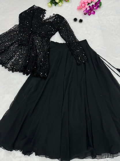 Rich Black Indo Western Peplum Blazer Top With Georgette Lehenga Skirt -Fully Stiched