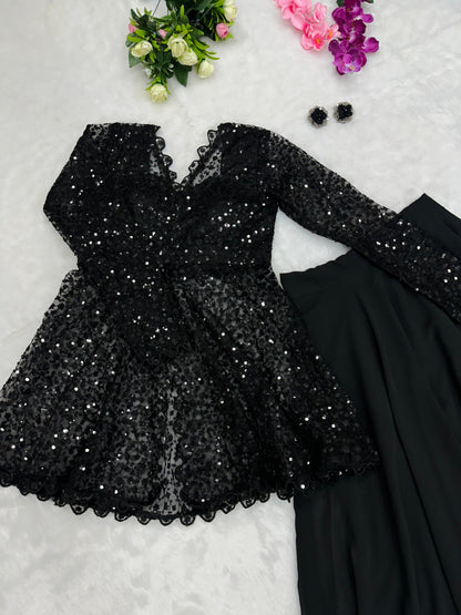 Rich Black Indo Western Peplum Blazer Top With Georgette Lehenga Skirt -Fully Stiched