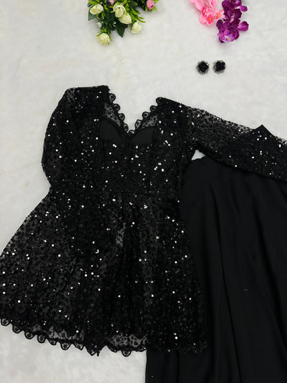 Rich Black Indo Western Peplum Blazer Top With Georgette Lehenga Skirt -Fully Stiched