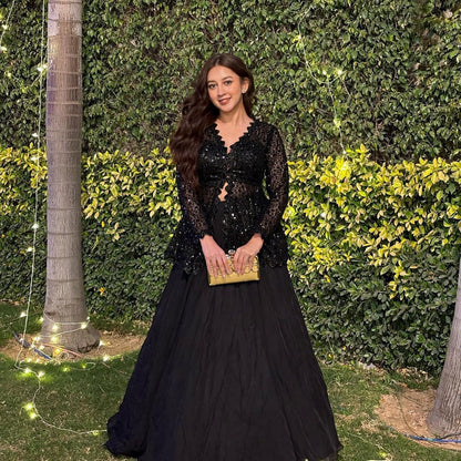 Rich Black Indo Western Peplum Blazer Top With Georgette Lehenga Skirt -Fully Stiched