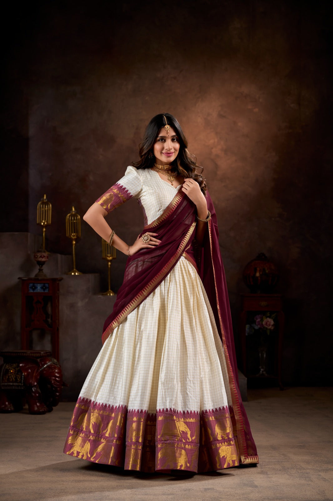 Royal White  Kalyani Cotton Lehenga Choli With Maroon Georgette Dupatta