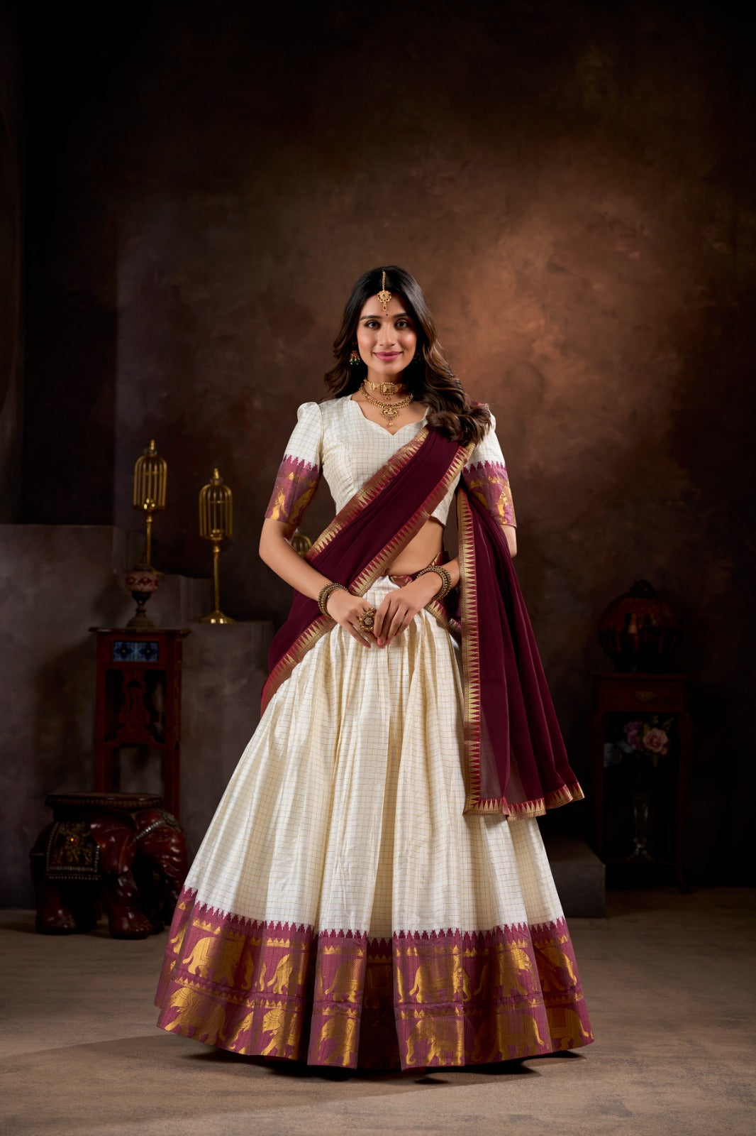 Royal White  Kalyani Cotton Lehenga Choli With Maroon Georgette Dupatta