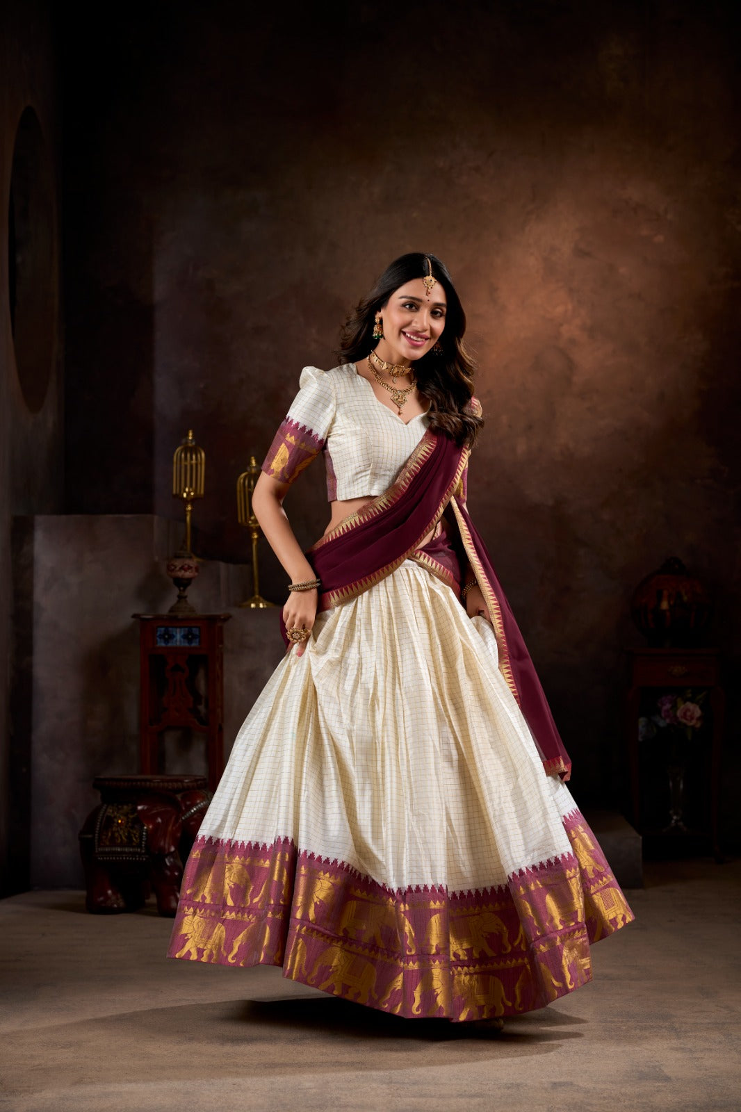Royal White  Kalyani Cotton Lehenga Choli With Maroon Georgette Dupatta