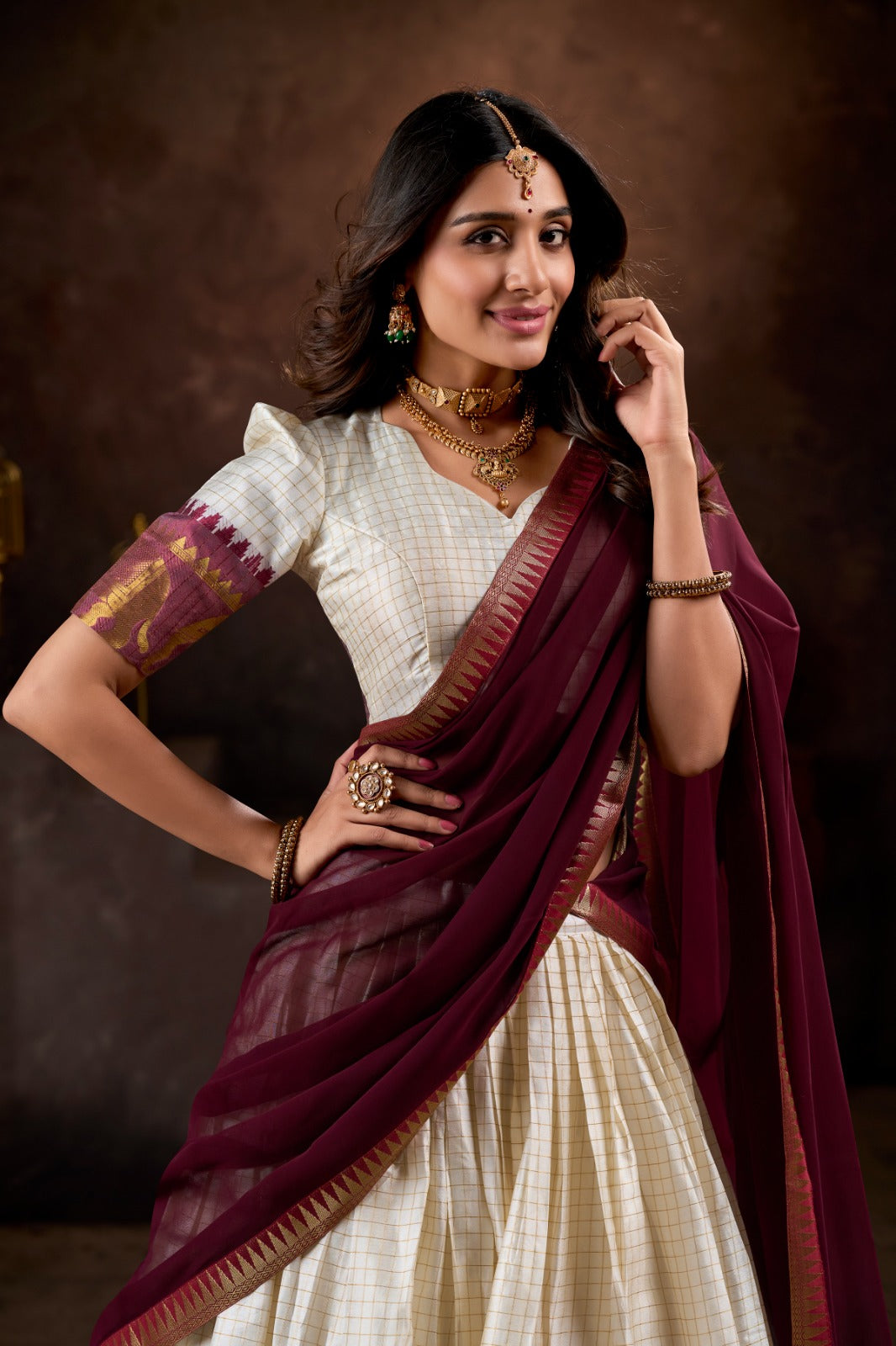 Royal White  Kalyani Cotton Lehenga Choli With Maroon Georgette Dupatta