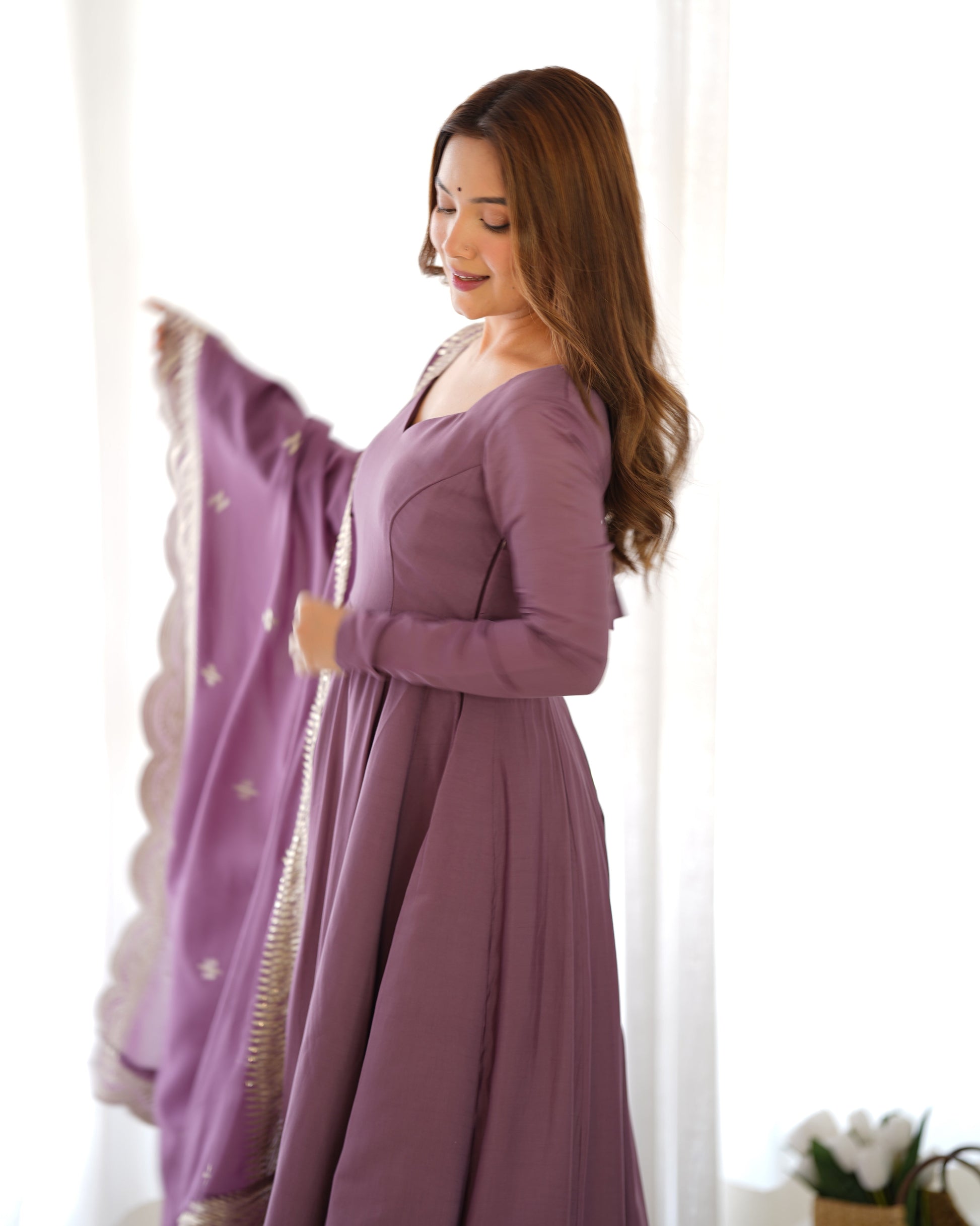 Exquisite Pure Romansilk Chanderi Designer Anarkali Pant Suit - INDIAN ELEGANCE