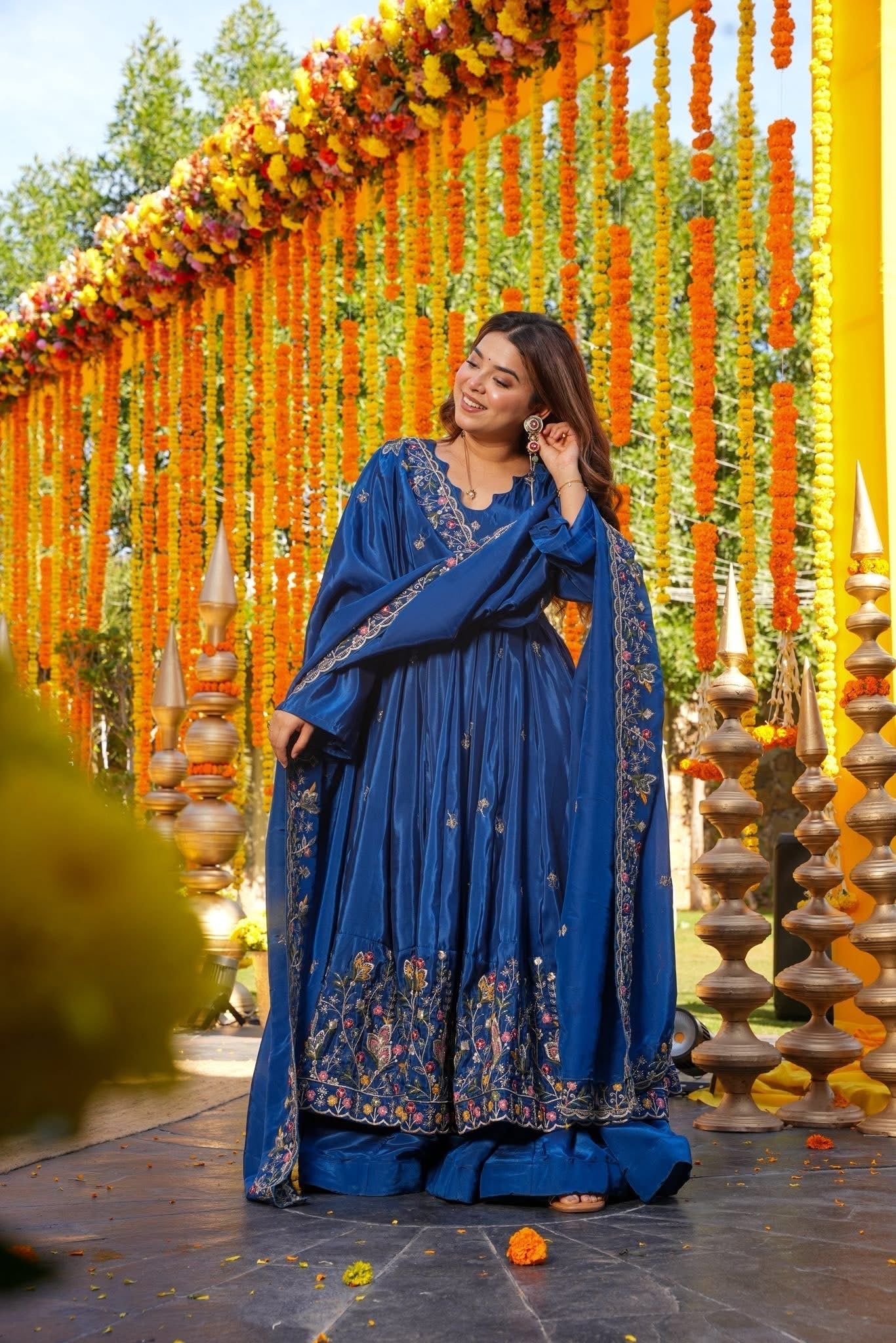 Royal Blue Crepe Silk Anarkali sharara Suit Set