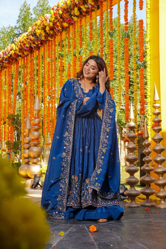 Royal Blue Crepe Silk Anarkali sharara Suit Set