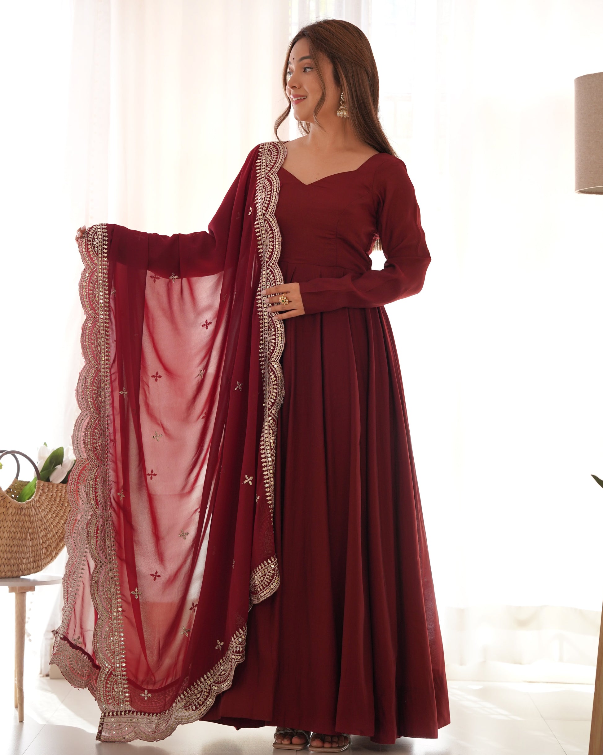 Exquisite Pure Romansilk Chanderi Designer Anarkali Pant Suit - INDIAN ELEGANCE