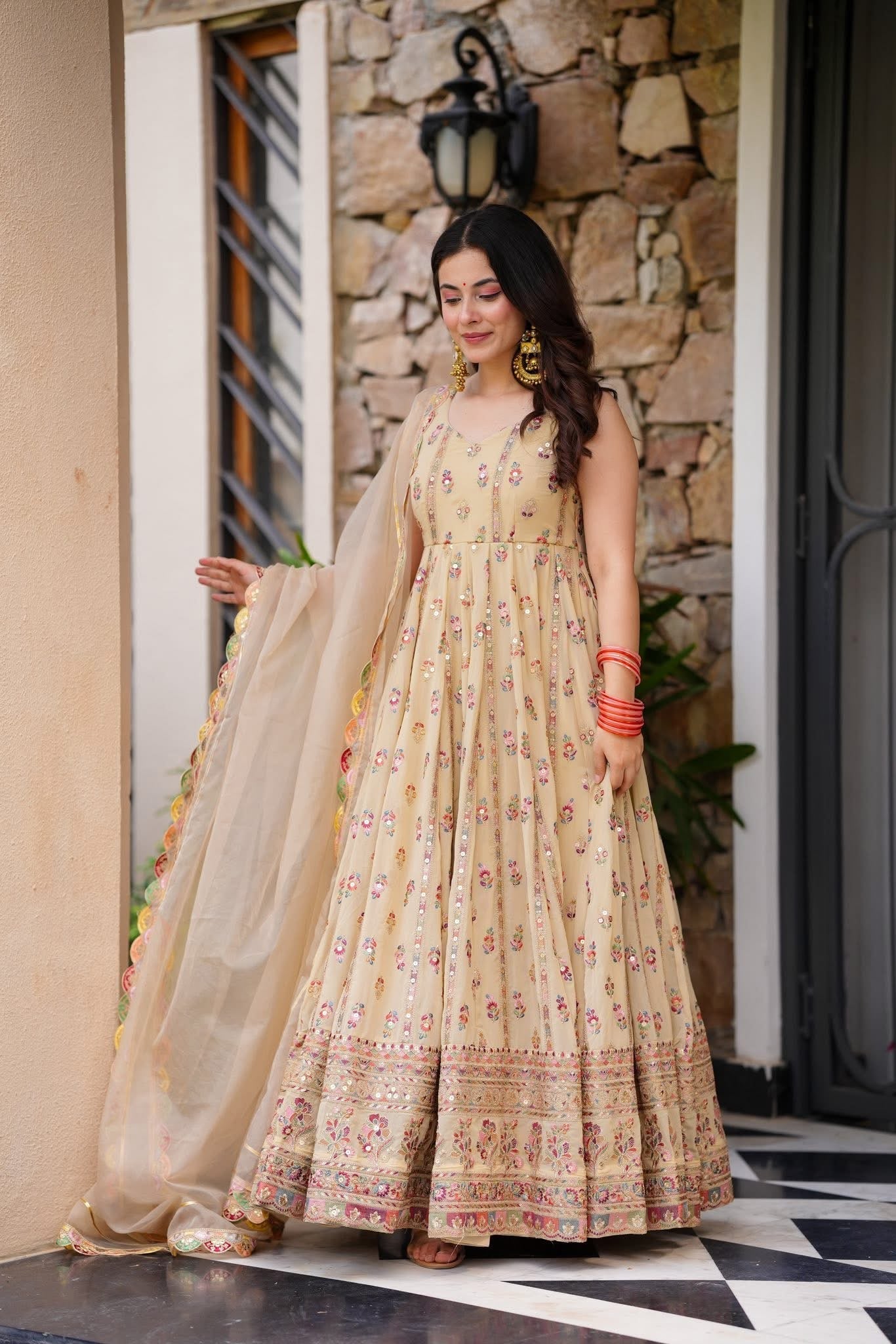 Elegance Pastel Blossom Floral Printed Anarkali With Delicate Traditional Border Embroidery