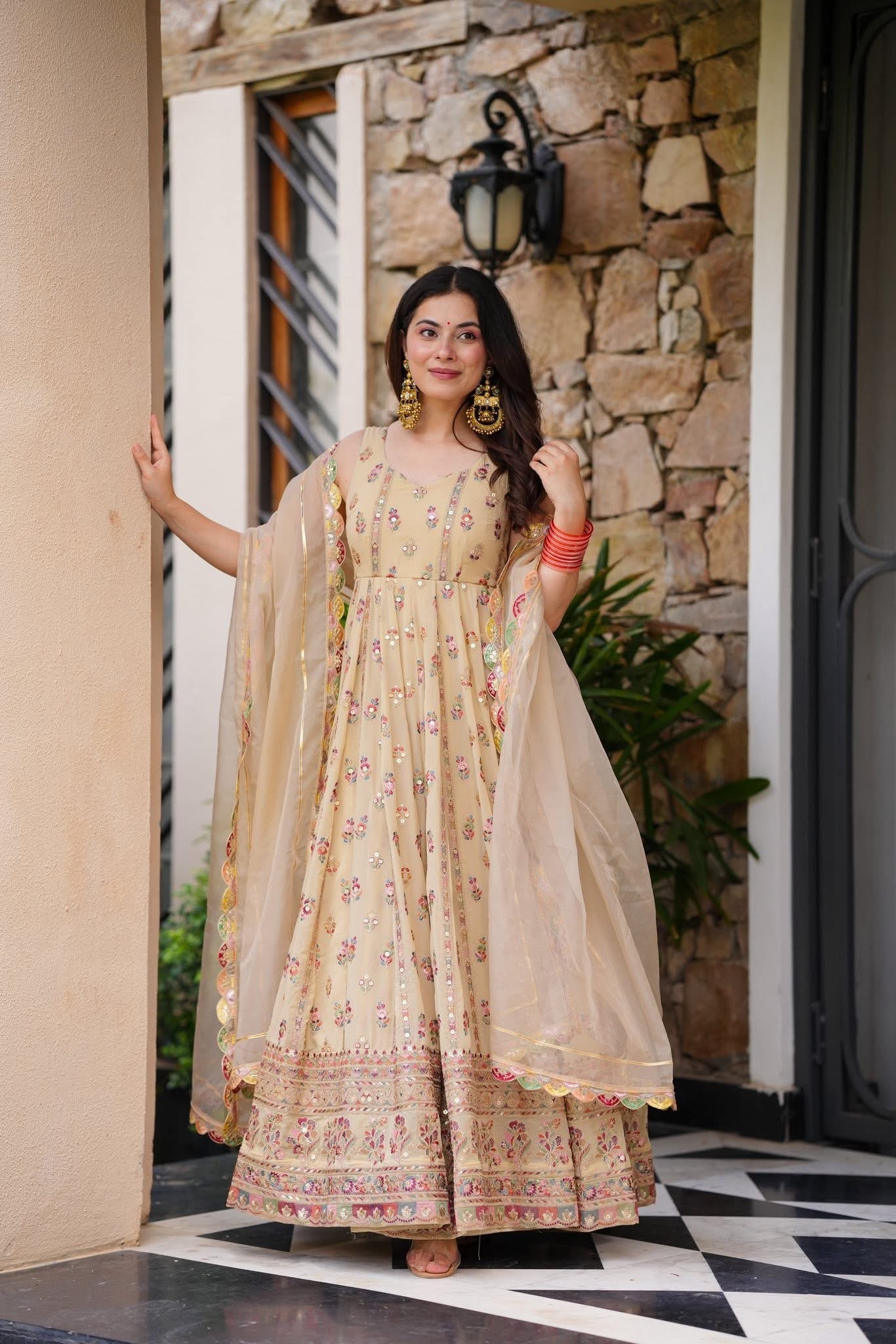 Elegance Pastel Blossom Floral Printed Anarkali With Delicate Traditional Border Embroidery