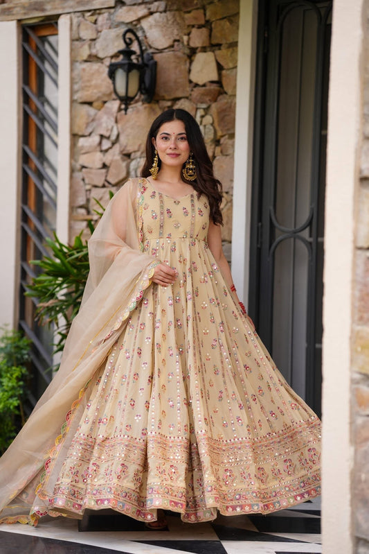 Elegance Pastel Blossom Floral Printed Anarkali With Delicate Traditional Border Embroidery