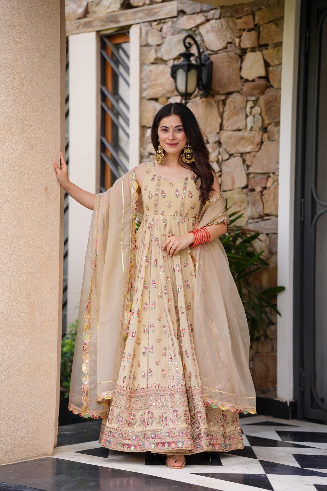 Elegance Pastel Blossom Floral Printed Anarkali With Delicate Traditional Border Embroidery