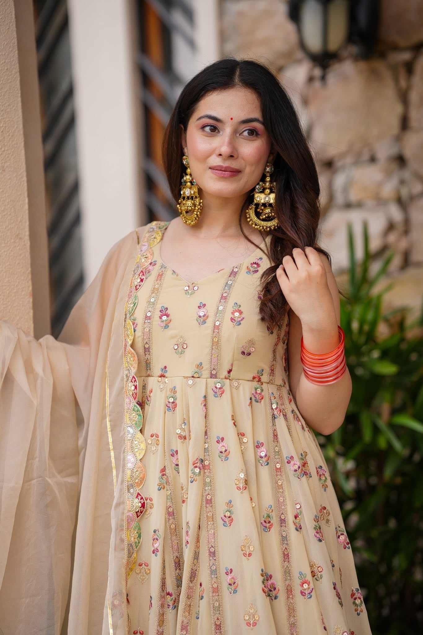 Elegance Pastel Blossom Floral Printed Anarkali With Delicate Traditional Border Embroidery