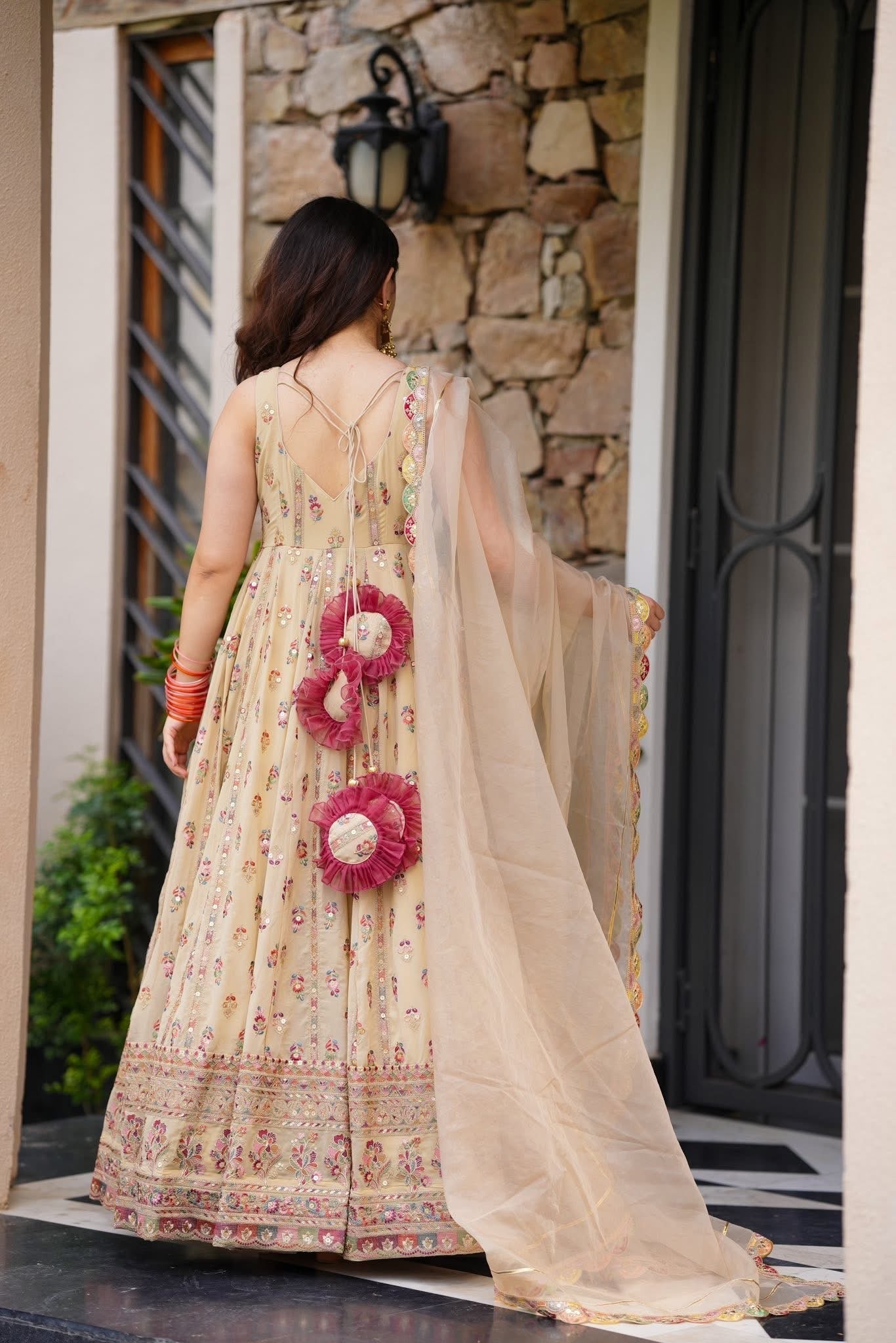 Elegance Pastel Blossom Floral Printed Anarkali With Delicate Traditional Border Embroidery