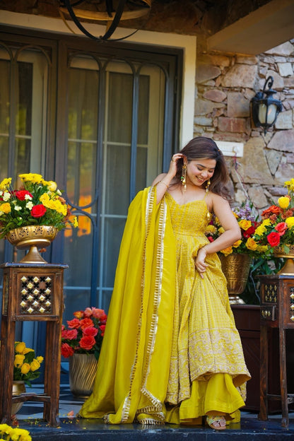 Radiant  Yellow Organza Anarkali Gown Sharara Suit -Wedding Wear