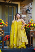 Radiant  Yellow Organza Anarkali Gown Sharara Suit -Wedding Wear