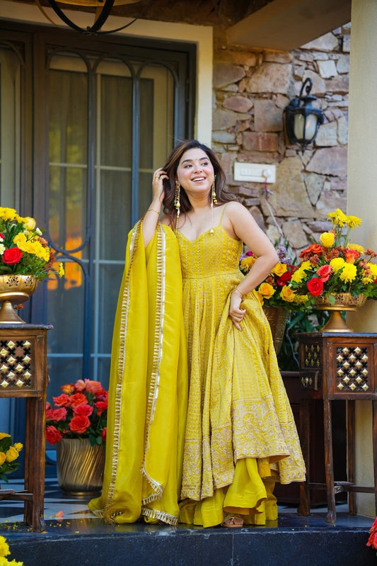 Radiant  Yellow Organza Anarkali Gown Sharara Suit -Wedding Wear