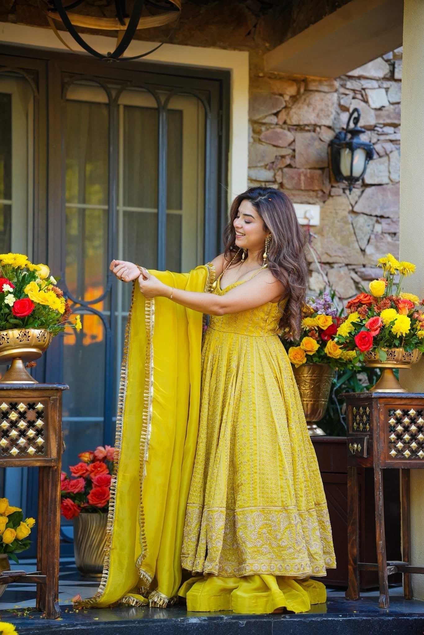 Radiant  Yellow Organza Anarkali Gown Sharara Suit -Wedding Wear