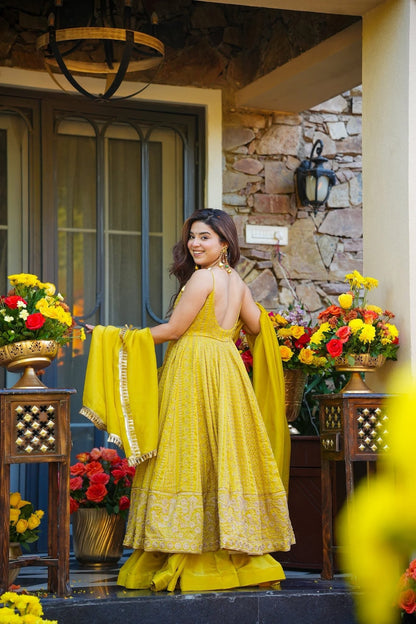 Radiant  Yellow Organza Anarkali Gown Sharara Suit -Wedding Wear