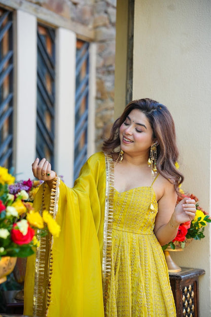 Radiant  Yellow Organza Anarkali Gown Sharara Suit -Wedding Wear