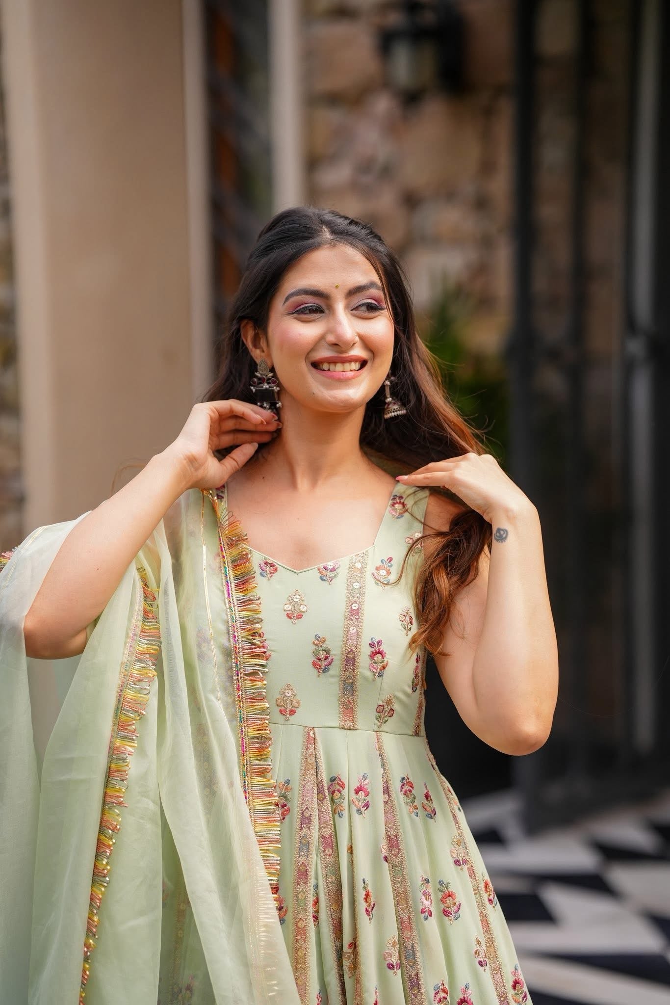 Elegance Pastel Blossom Floral Printed Anarkali With Delicate Traditional Border Embroidery