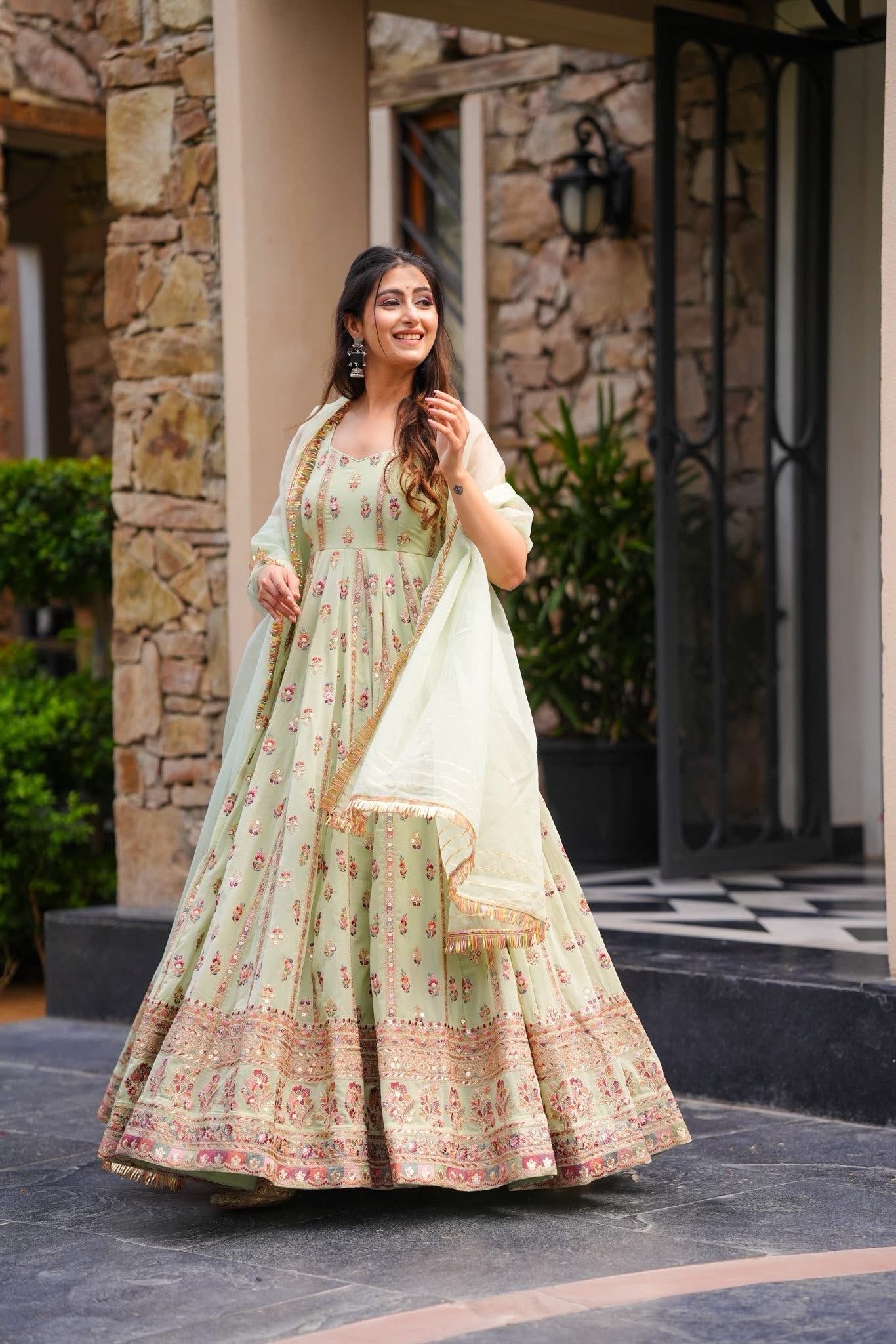 Elegance Pastel Blossom Floral Printed Anarkali With Delicate Traditional Border Embroidery