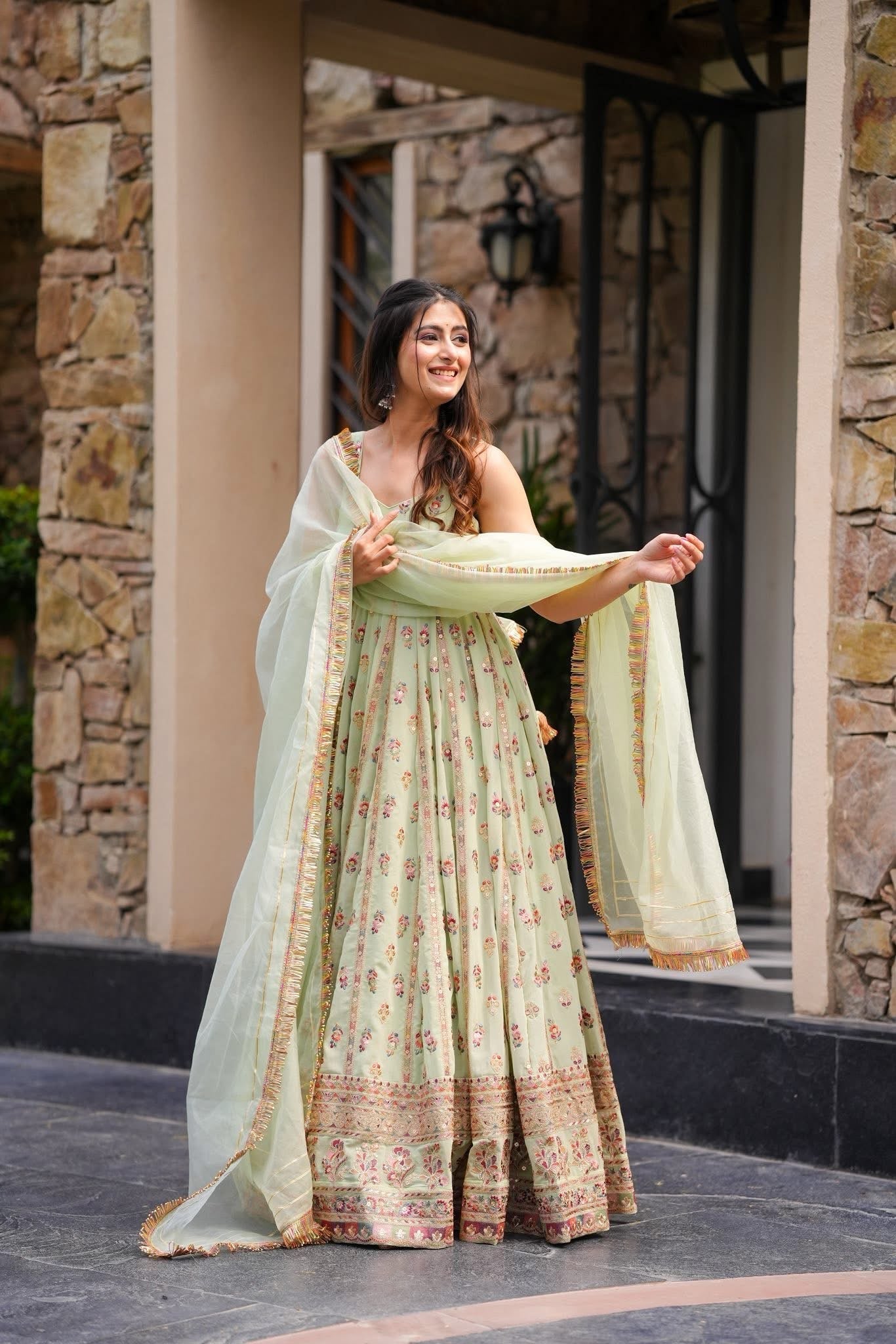Elegance Pastel Blossom Floral Printed Anarkali With Delicate Traditional Border Embroidery