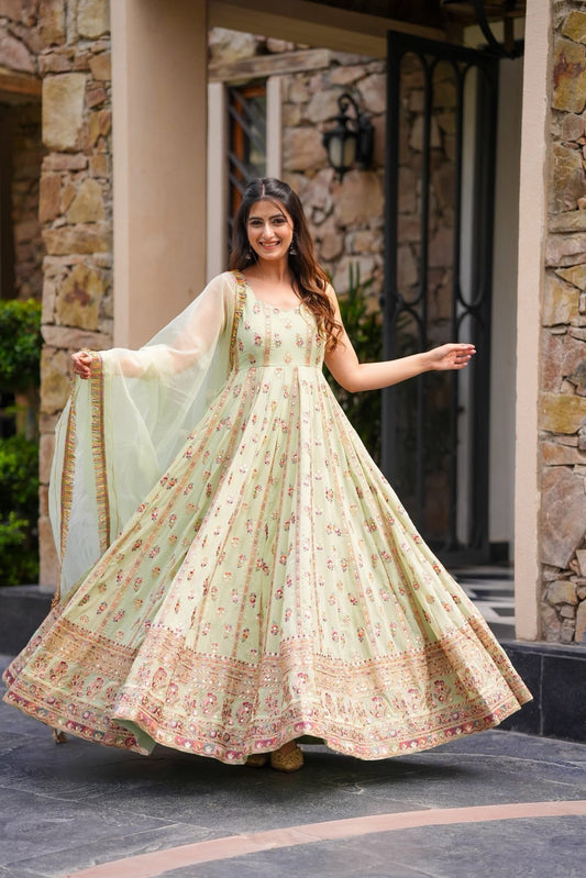 Elegance Pastel Blossom Floral Printed Anarkali With Delicate Traditional Border Embroidery