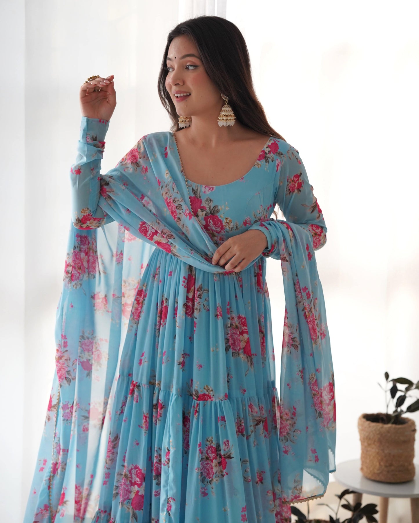 Radiant Sky Blue Floral Printed Fully Stitched Anarkali Pant Suit - INDIAN ELEGANCE