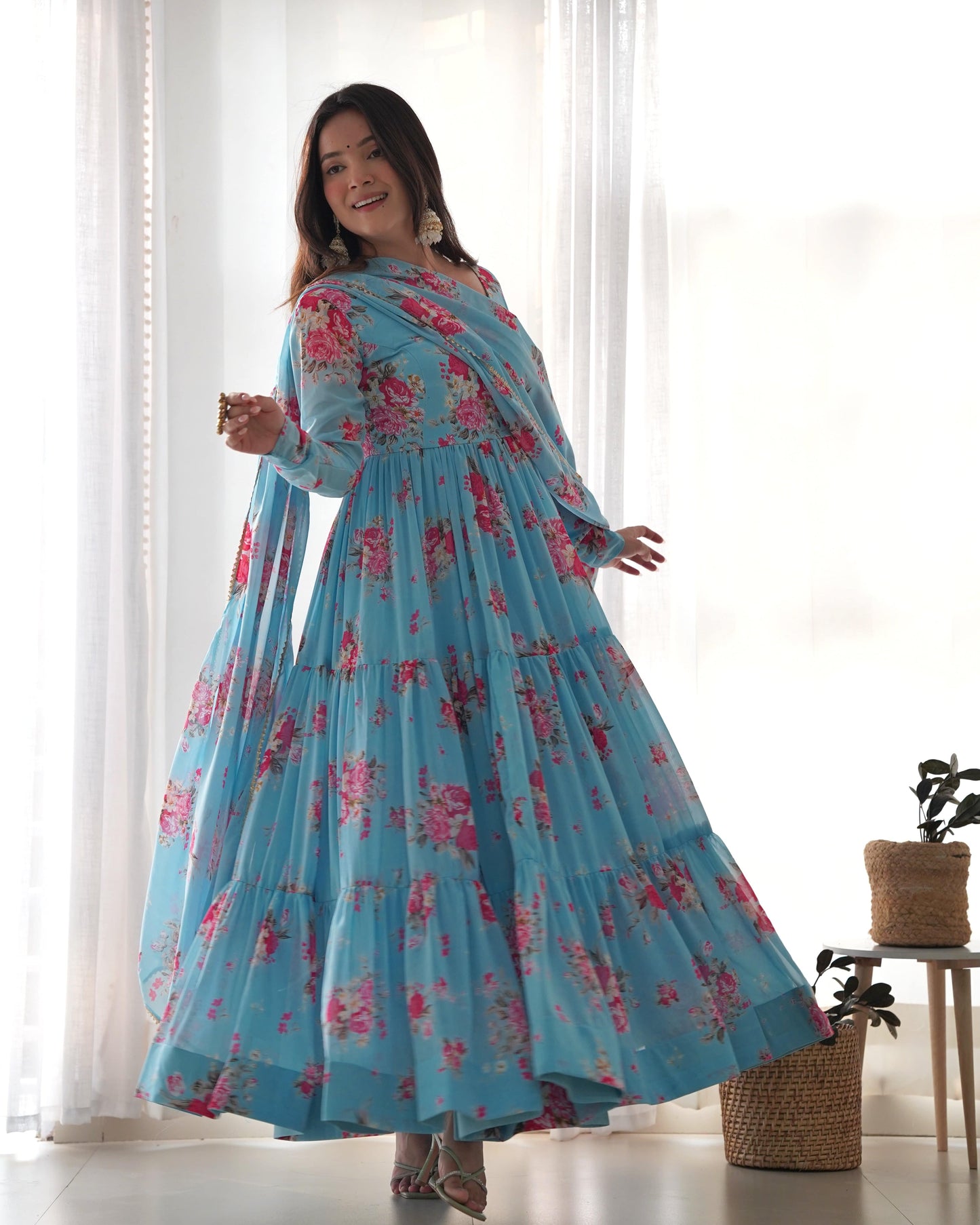 Radiant Sky Blue Floral Printed Fully Stitched Anarkali Pant Suit - INDIAN ELEGANCE