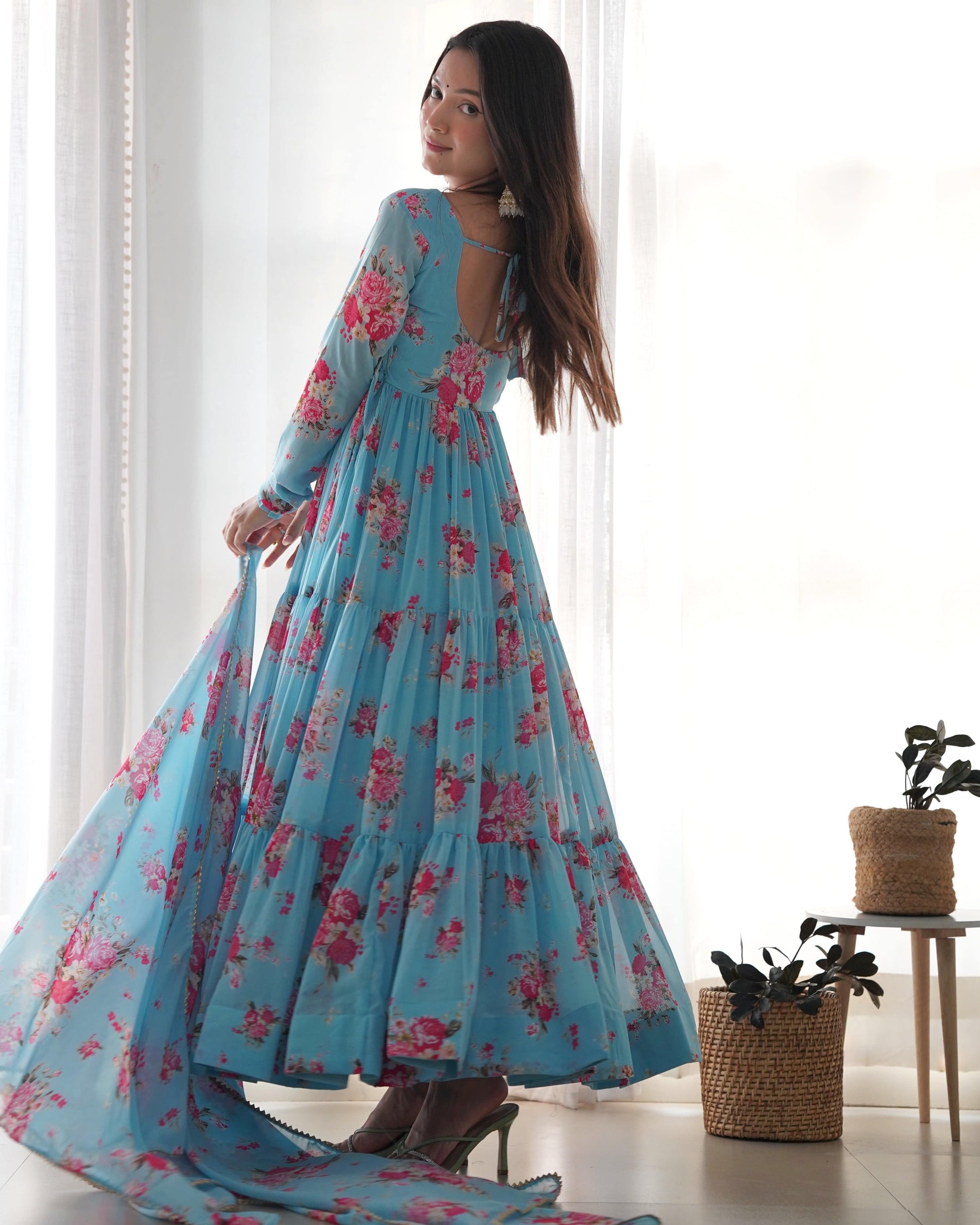 Radiant Sky Blue Floral Printed Fully Stitched Anarkali Pant Suit - INDIAN ELEGANCE