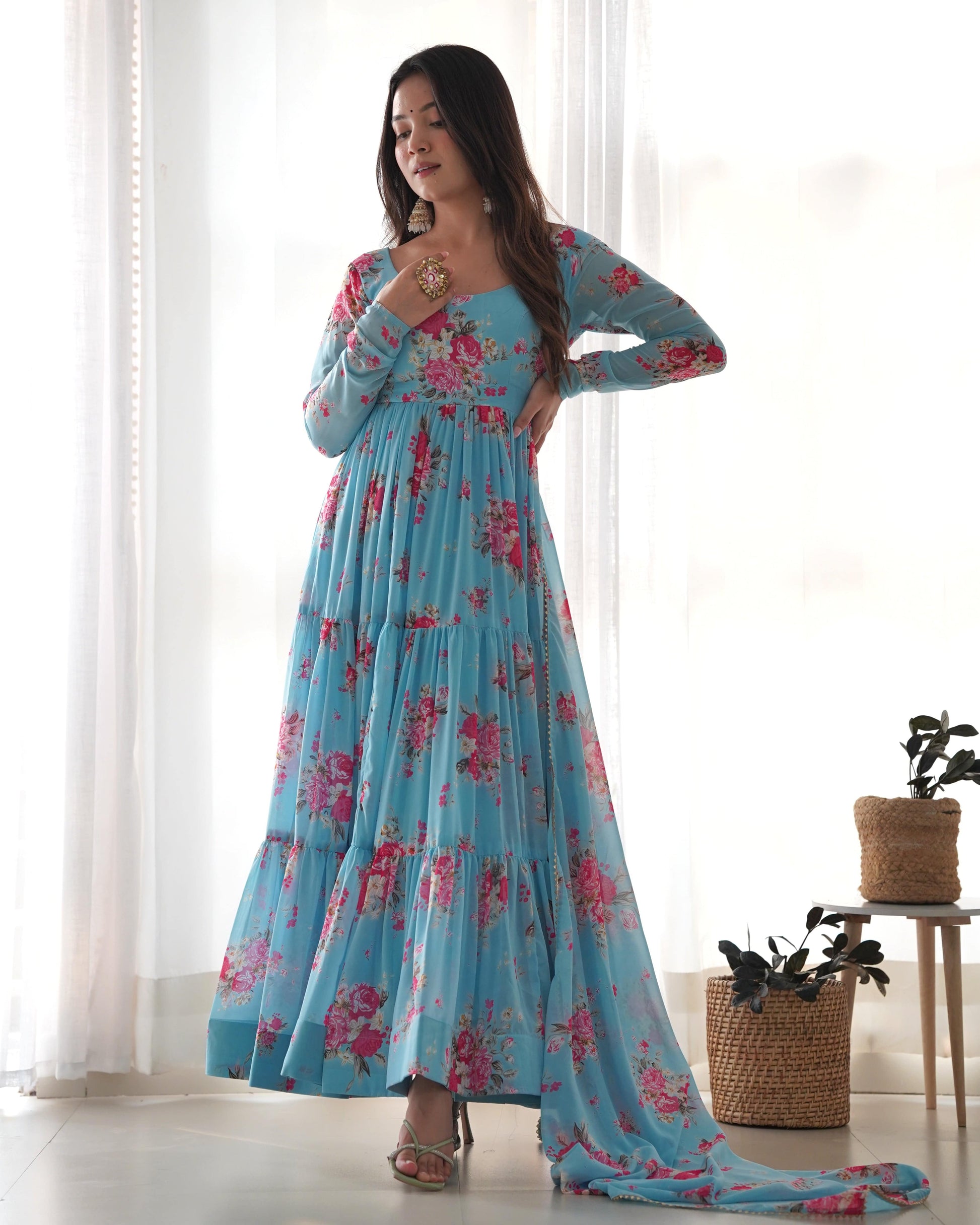 Radiant Sky Blue Floral Printed Fully Stitched Anarkali Pant Suit - INDIAN ELEGANCE