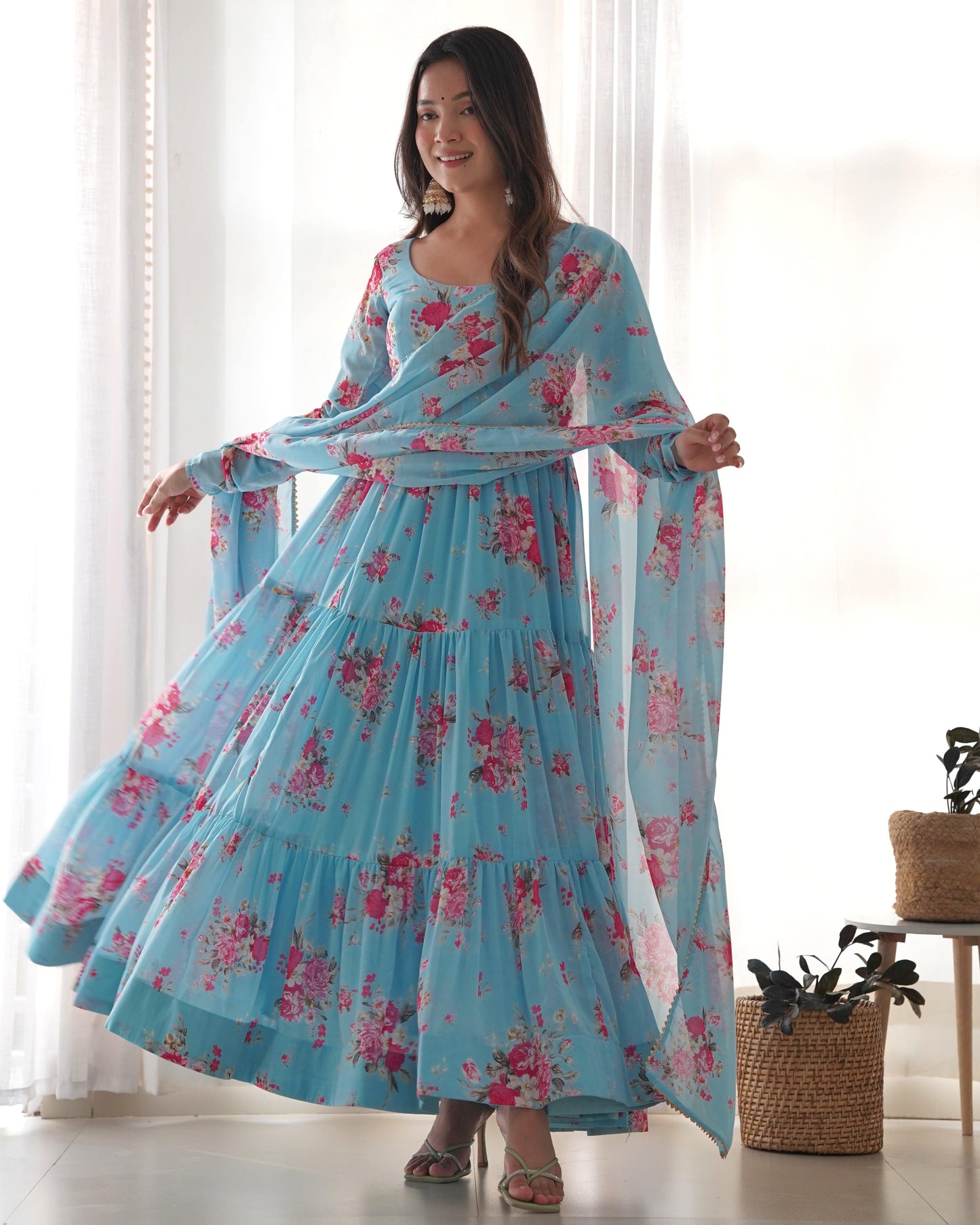 Radiant Sky Blue Floral Printed Fully Stitched Anarkali Pant Suit - INDIAN ELEGANCE