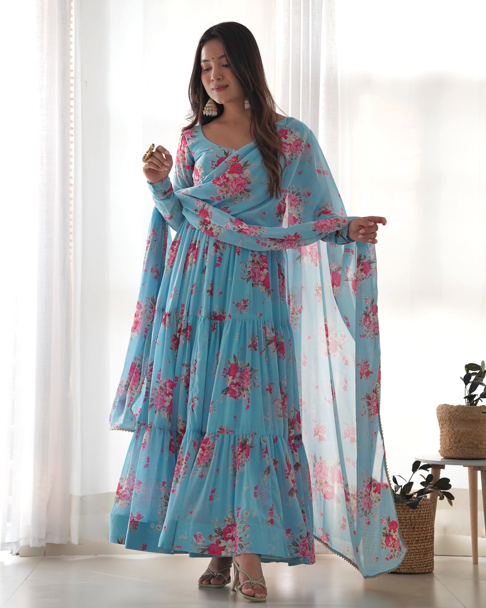 Radiant Sky Blue Floral Printed Fully Stitched Anarkali Pant Suit - INDIAN ELEGANCE
