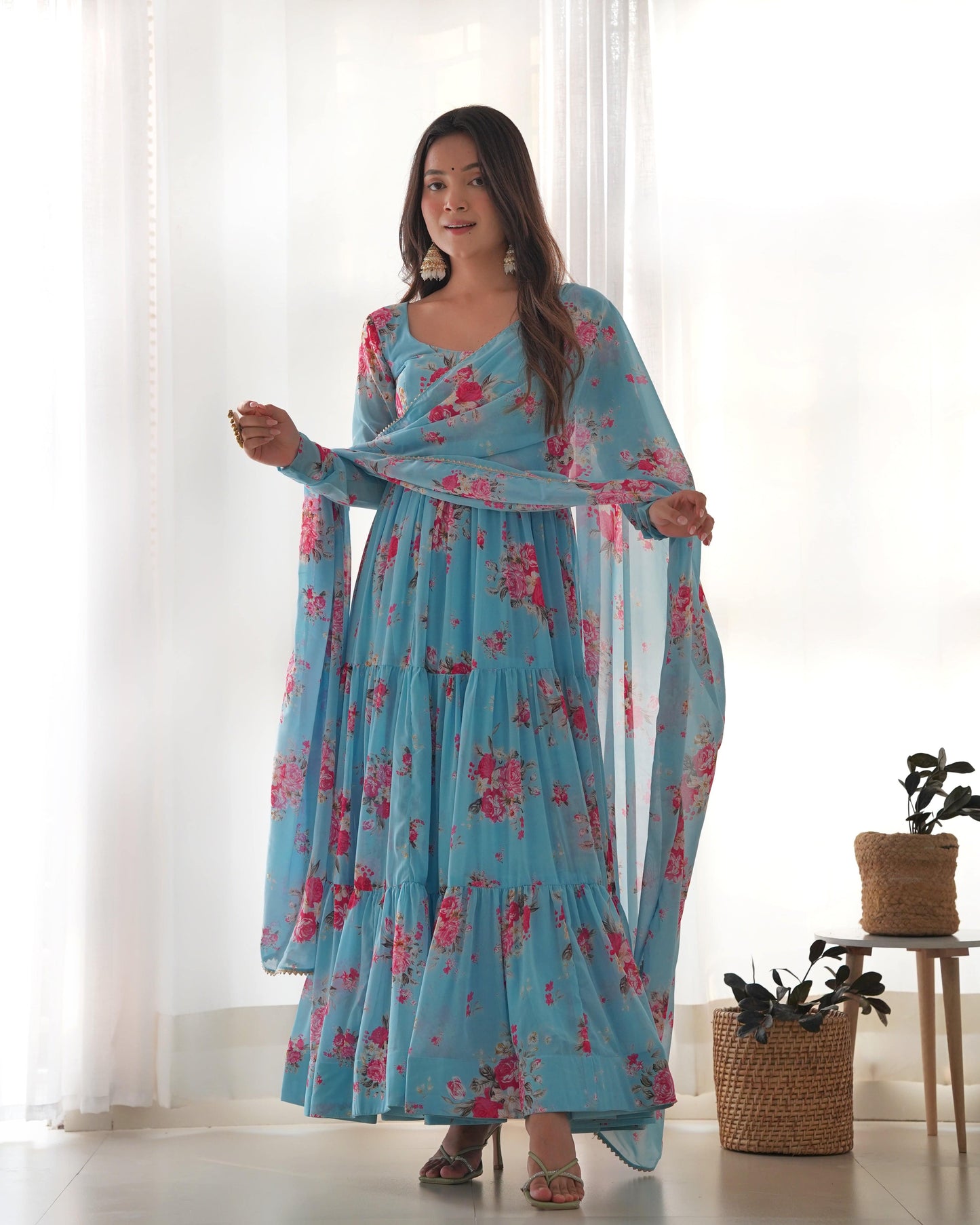 Radiant Sky Blue Floral Printed Fully Stitched Anarkali Pant Suit - INDIAN ELEGANCE