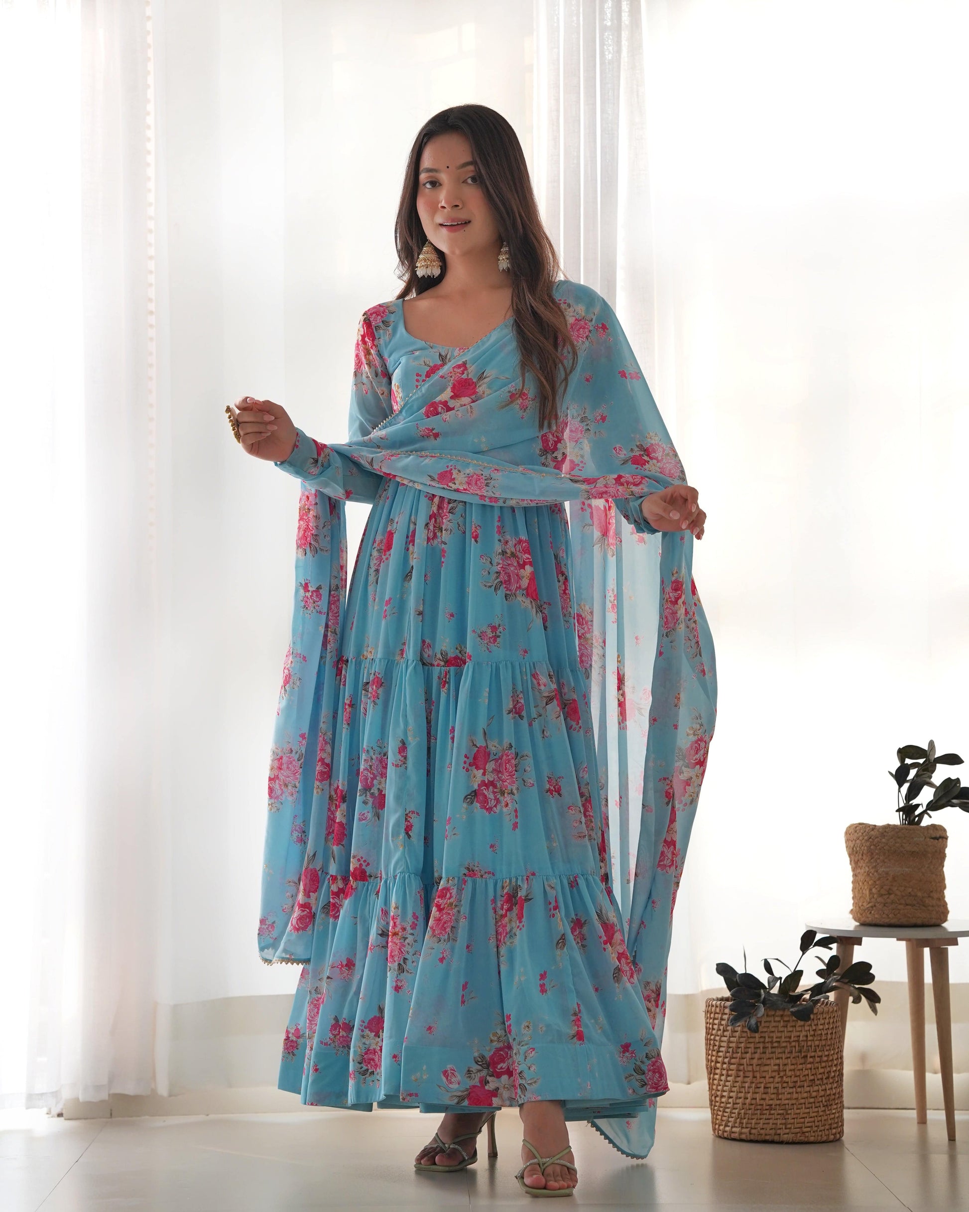 Radiant Sky Blue Floral Printed Fully Stitched Anarkali Pant Suit - INDIAN ELEGANCE
