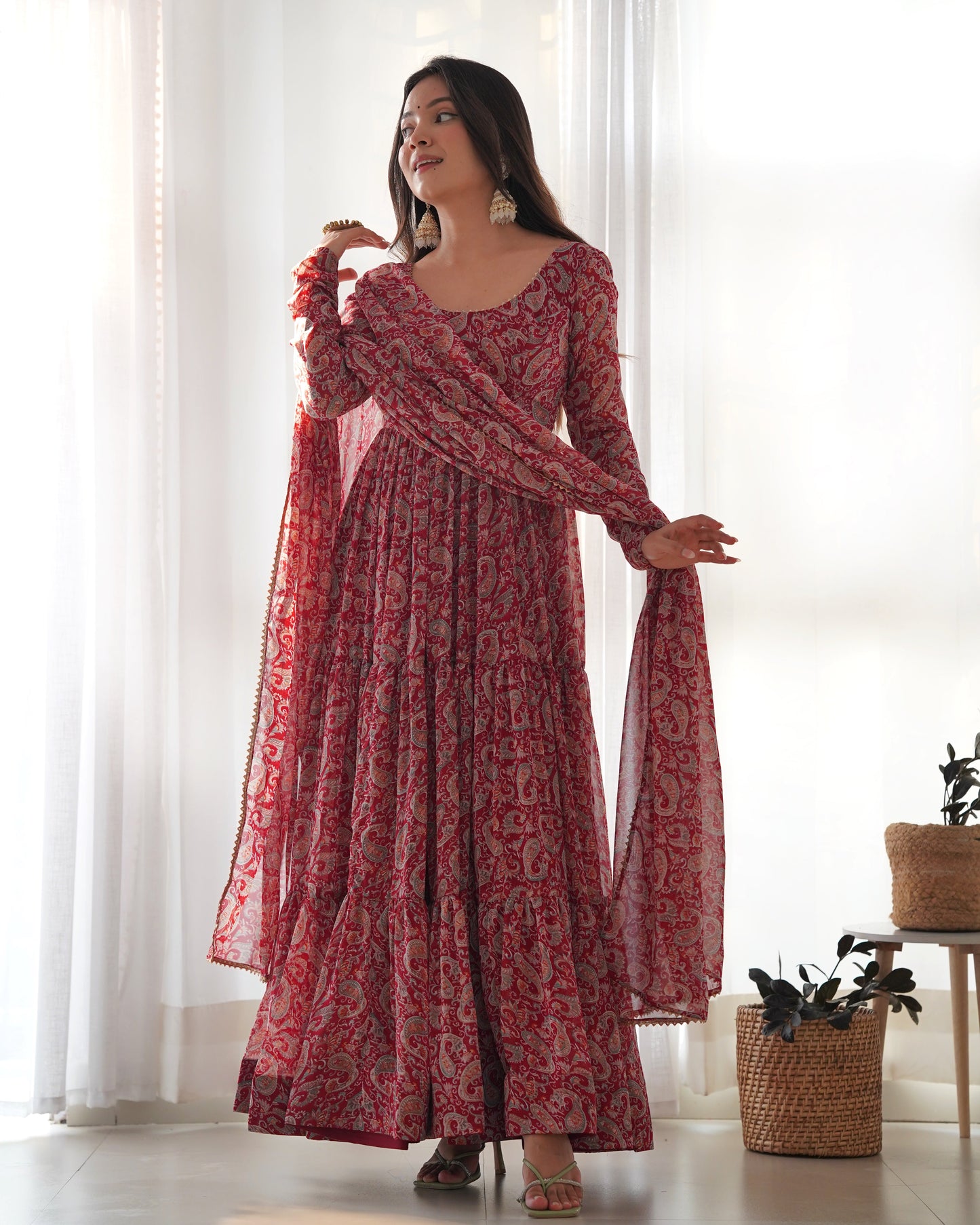 Winsome Faux Georgette Kalamkari Printed Anarkali Pant Suit - INDIAN ELEGANCE