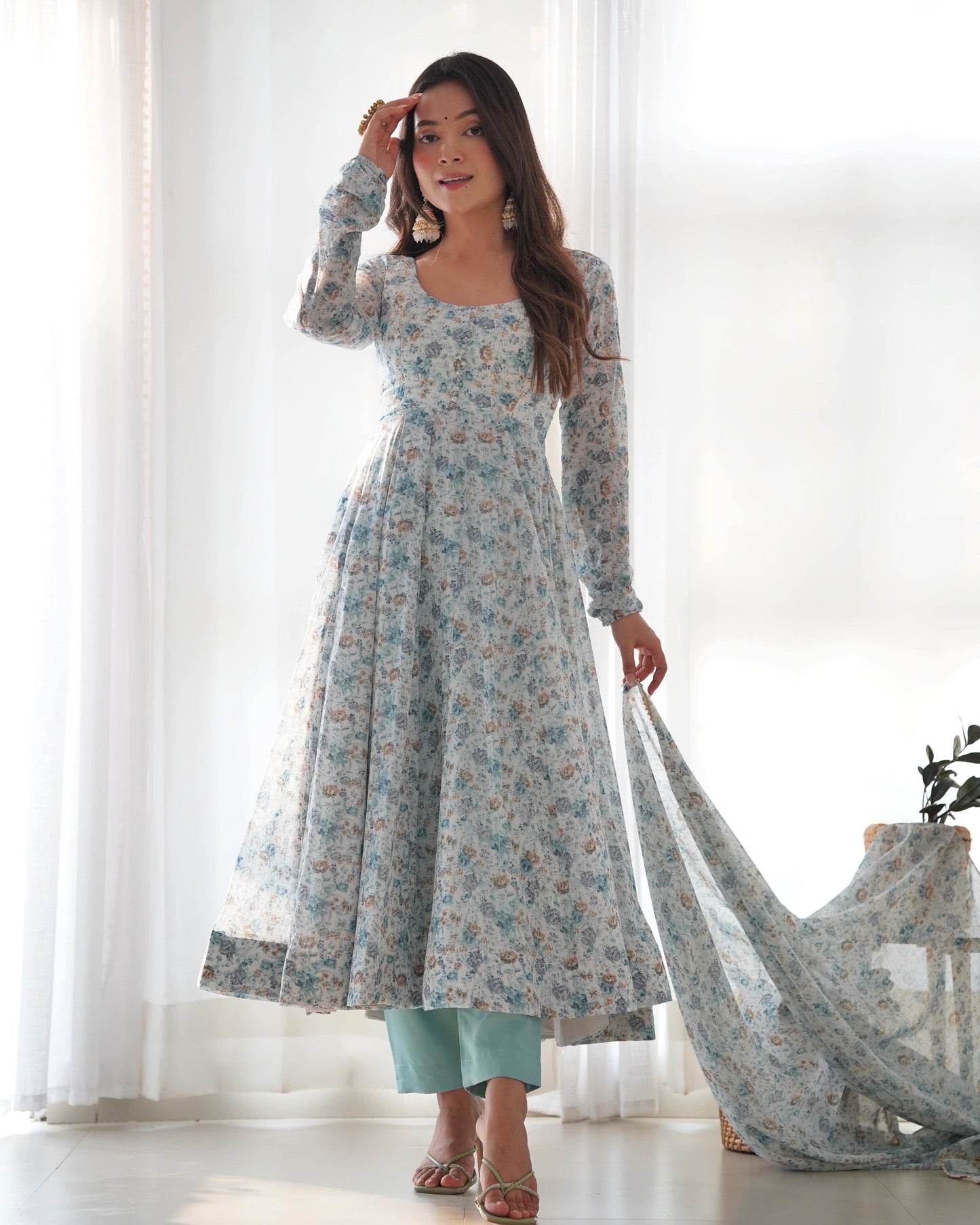 Exquisite Chiffon Floral Digital Printed Fully Stitched Anarkali Pant Suit - INDIAN ELEGANCE