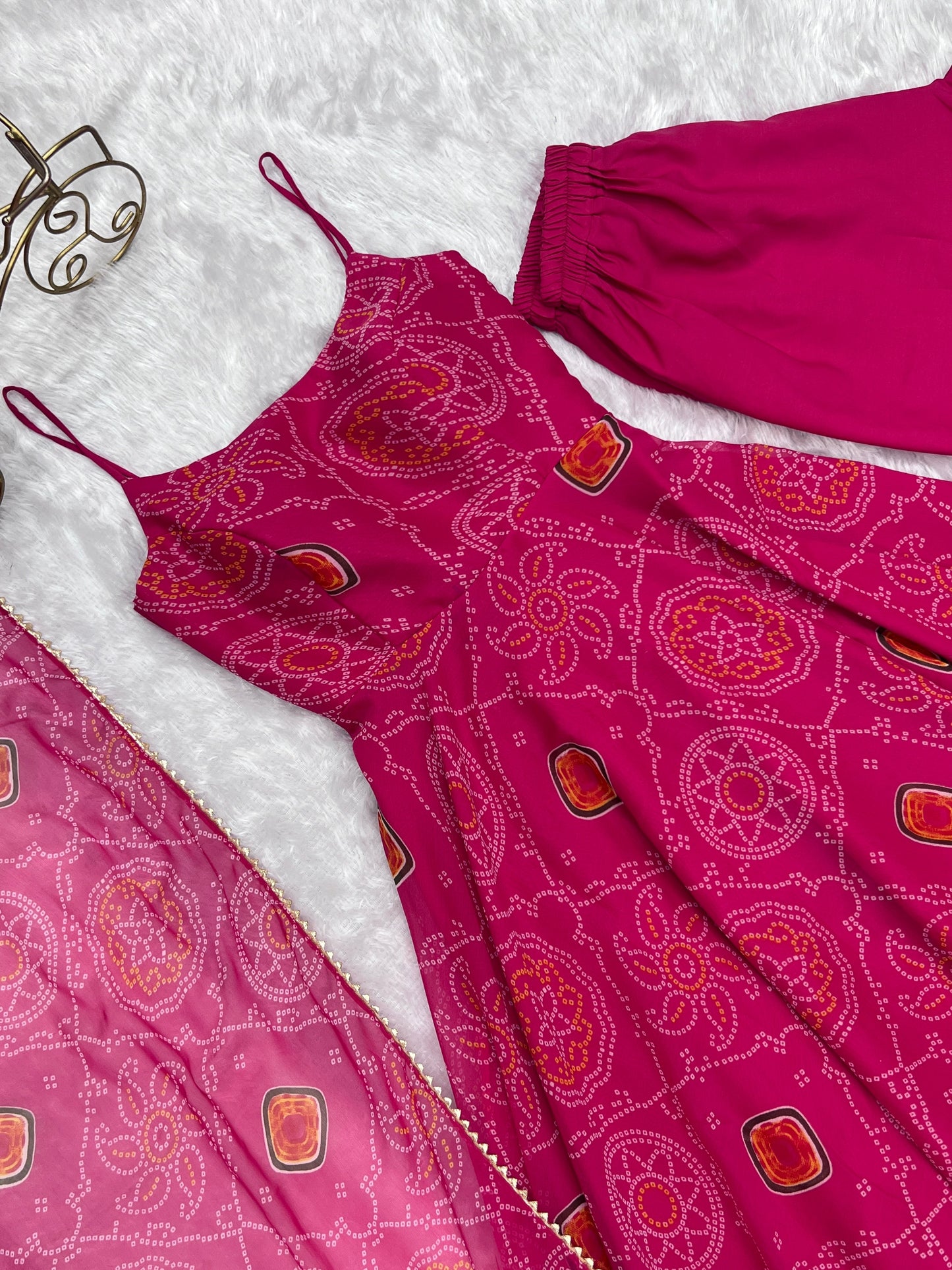 Spectacular Pink Chiffon Bandhej Printed Stitched Anarkali Pant Suit - INDIAN ELEGANCE