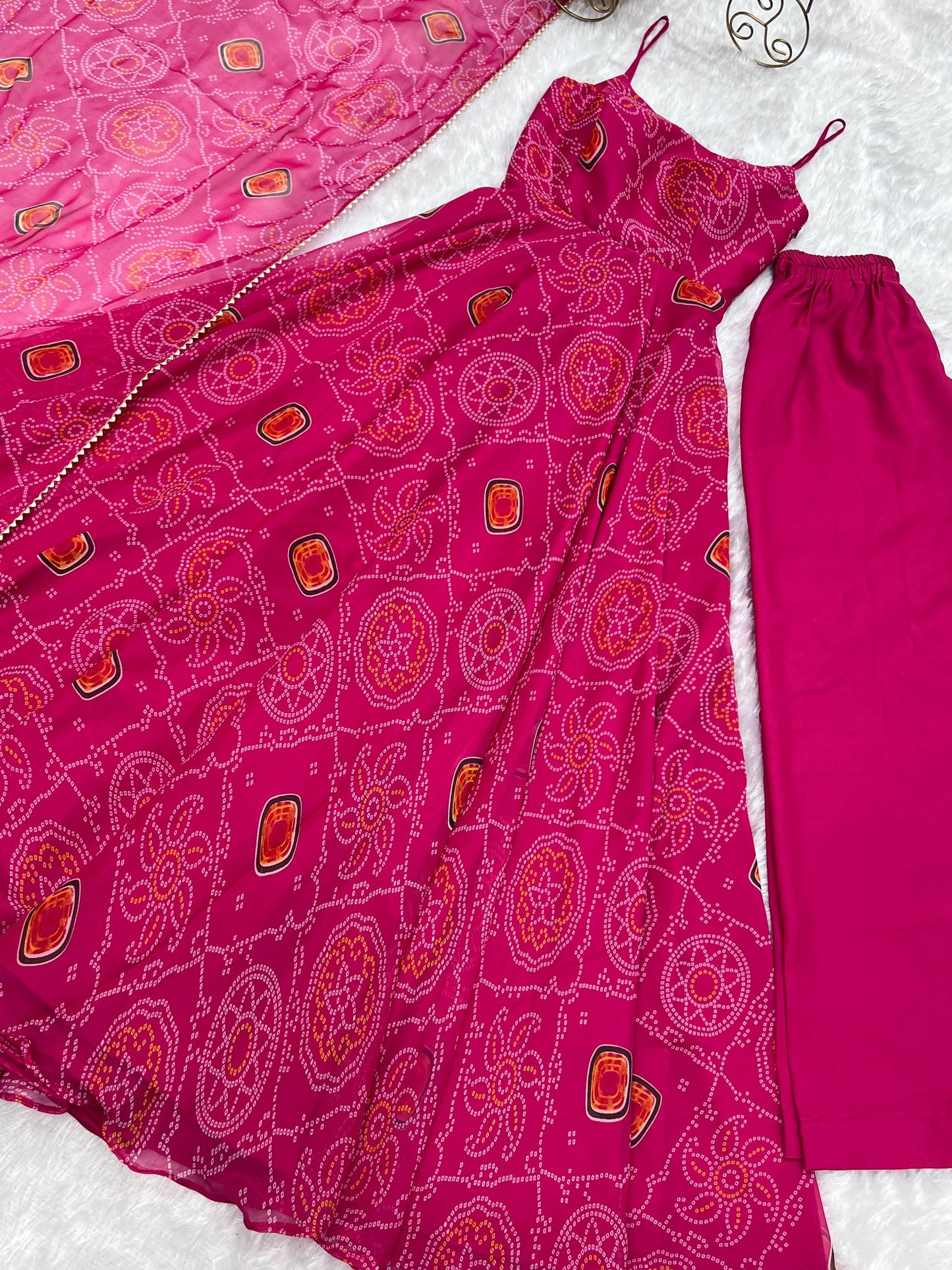 Spectacular Pink Chiffon Bandhej Printed Stitched Anarkali Pant Suit - INDIAN ELEGANCE