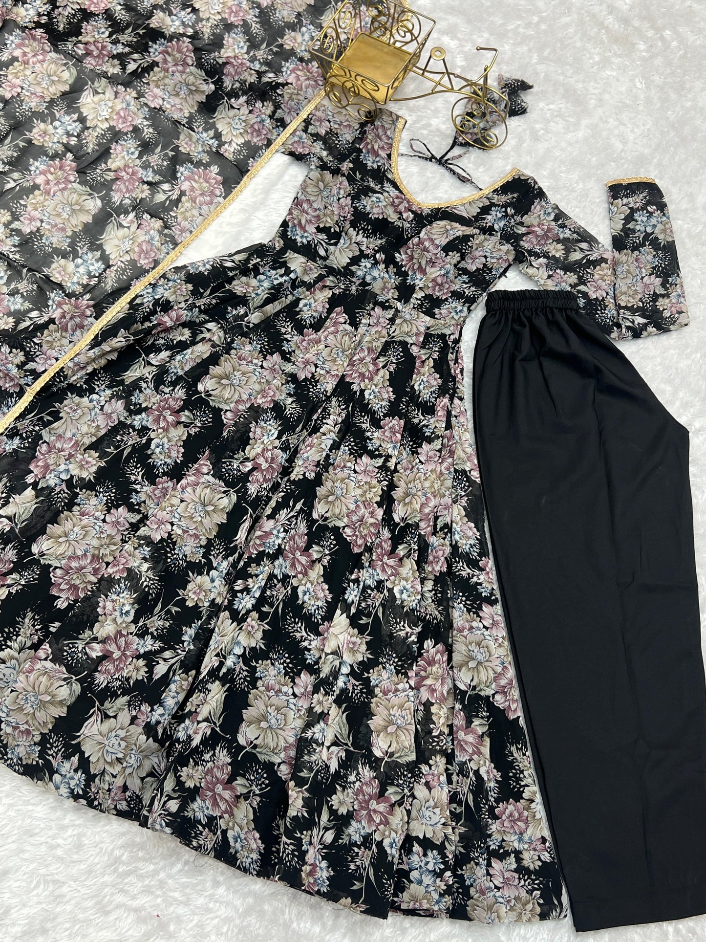 Captivating Black Floral Printed Fully Stitched Designer Anarkali Pant Suit - INDIAN ELEGANCE