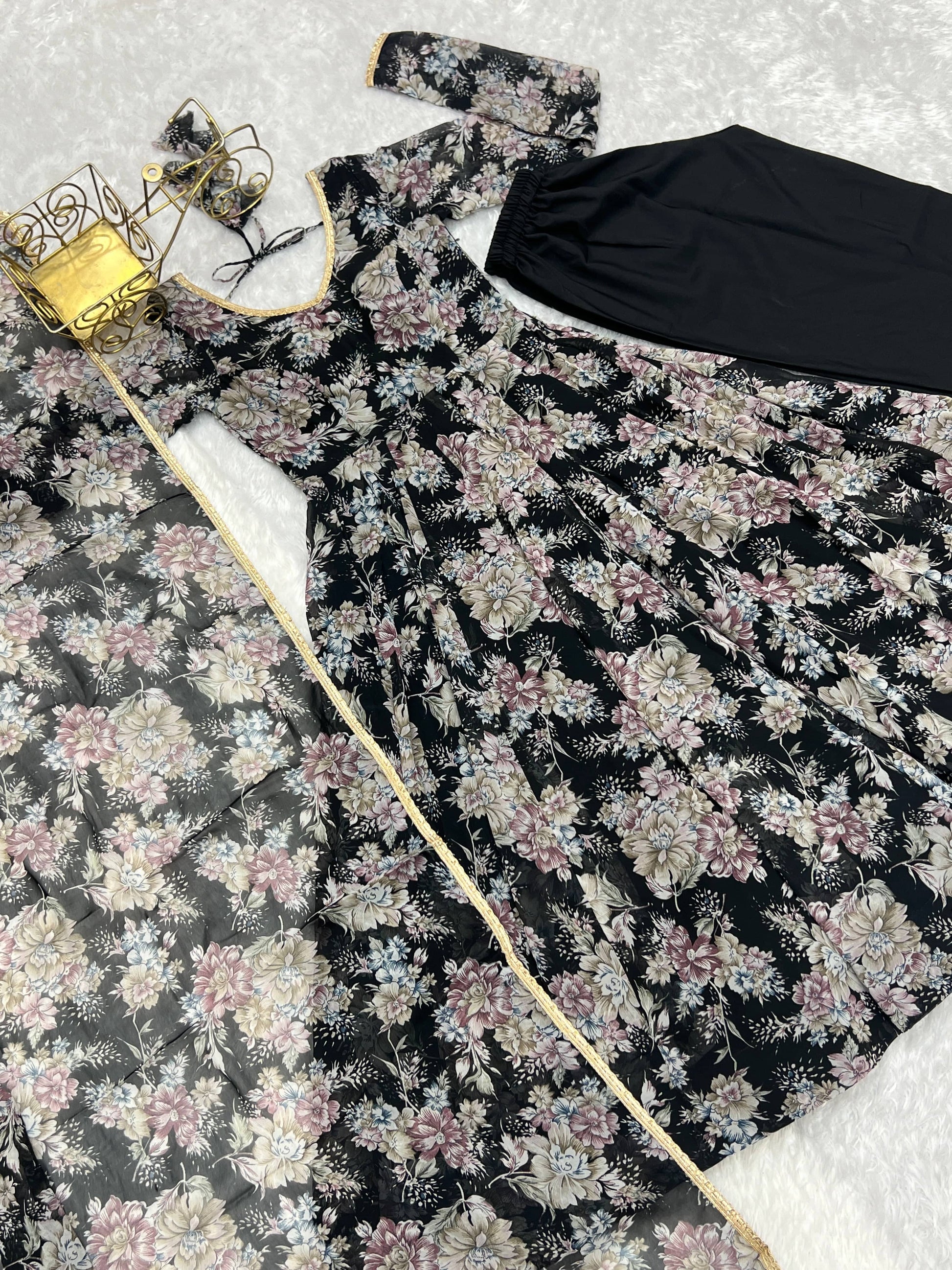 Captivating Black Floral Printed Fully Stitched Designer Anarkali Pant Suit - INDIAN ELEGANCE