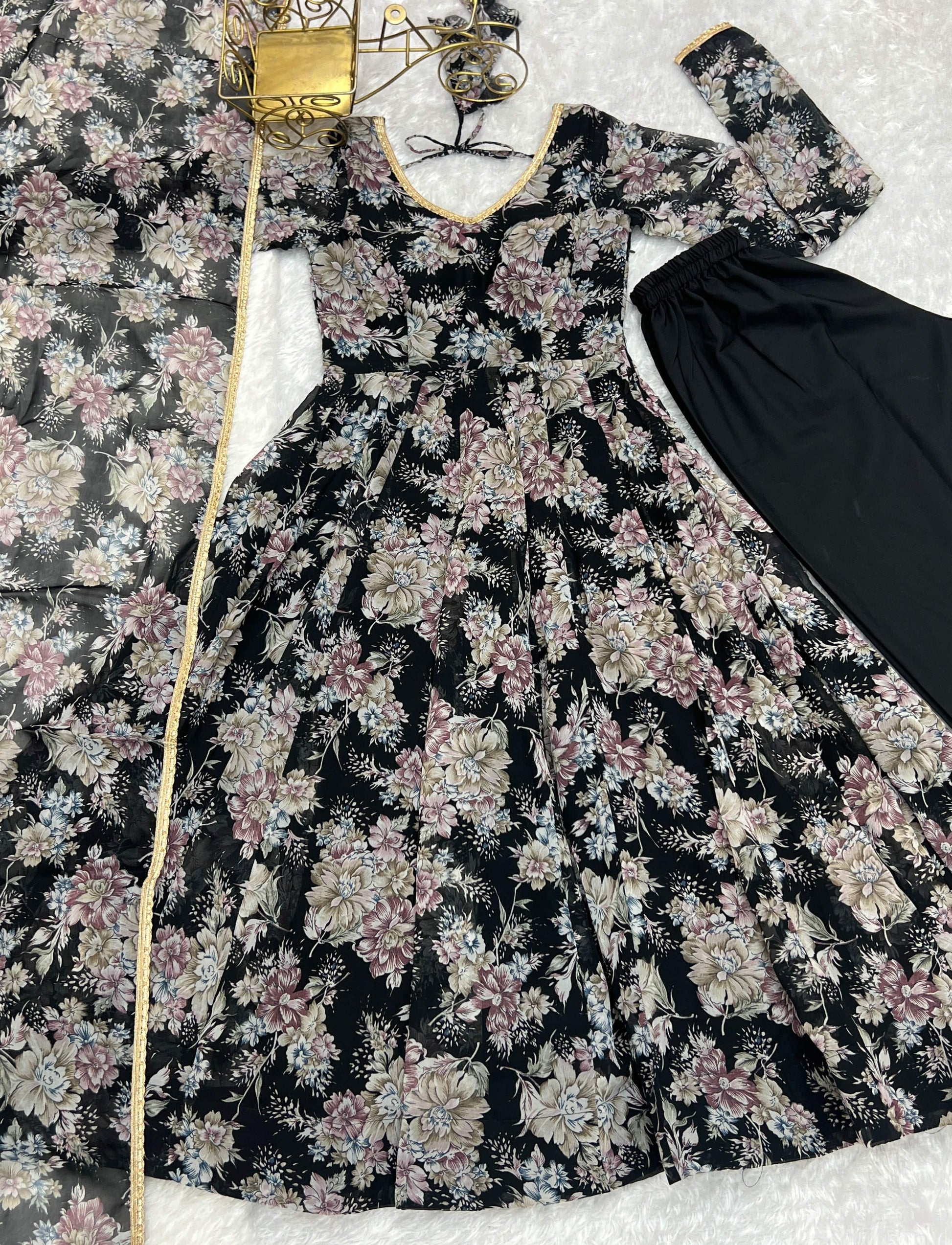 Captivating Black Floral Printed Fully Stitched Designer Anarkali Pant Suit - INDIAN ELEGANCE