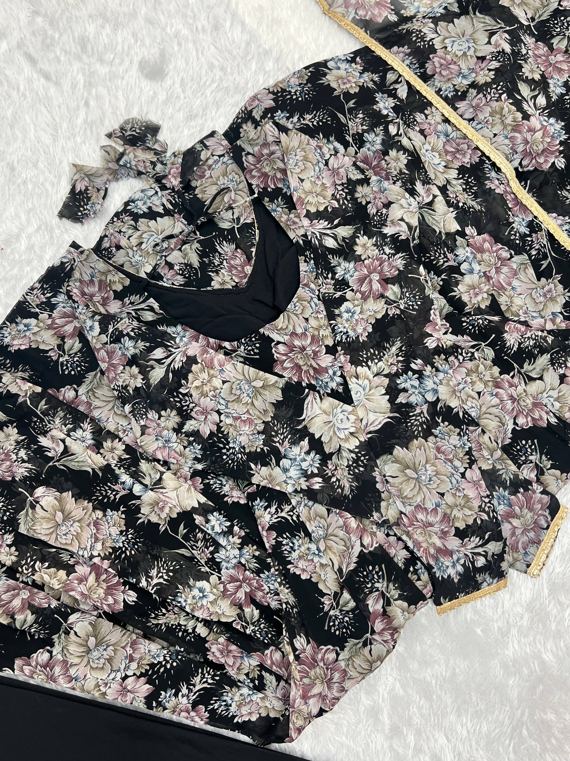 Captivating Black Floral Printed Fully Stitched Designer Anarkali Pant Suit - INDIAN ELEGANCE