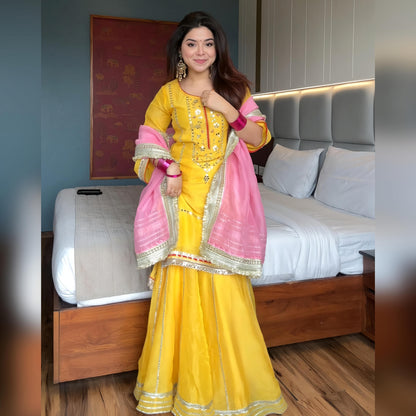 Women's Ethnic Georgette Sharara Set with Traditional Mirror Work
