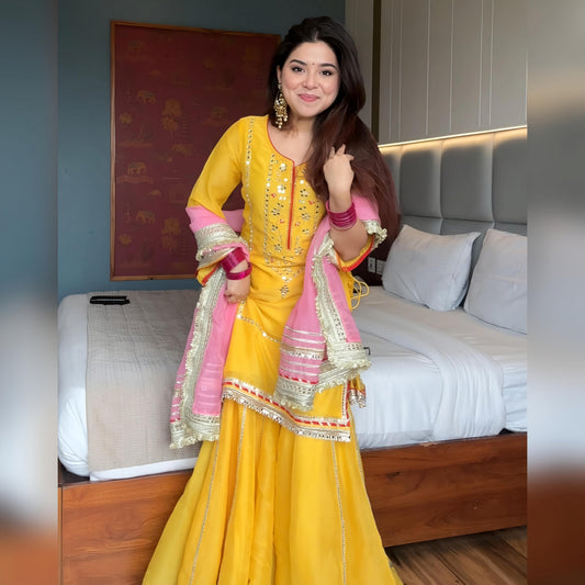 Women's Ethnic Georgette Sharara Set with Traditional Mirror Work