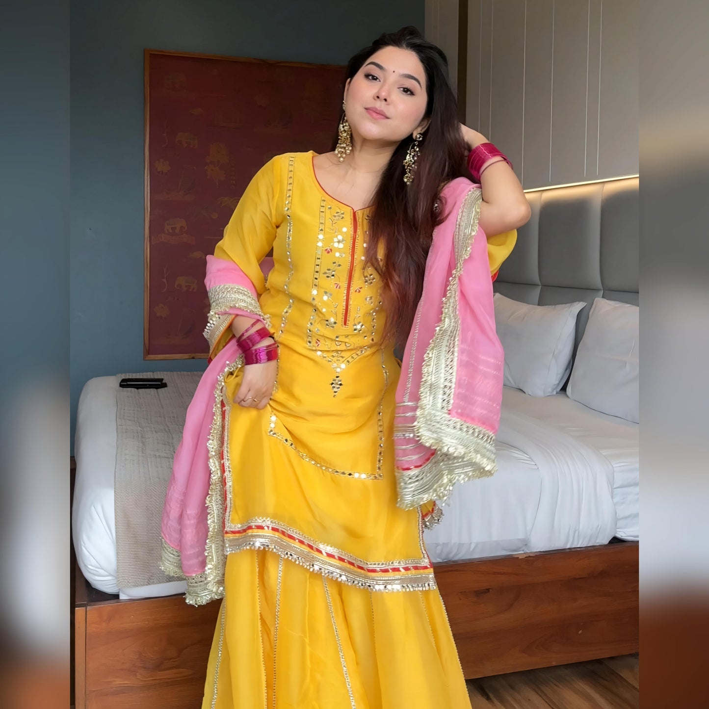 Women's Ethnic Georgette Sharara Set with Traditional Mirror Work